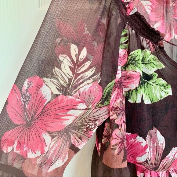 EXPRESS Brown Hibiscus Flower Floral Print Babydoll Chiffon Dress - Picture 6 of 11
